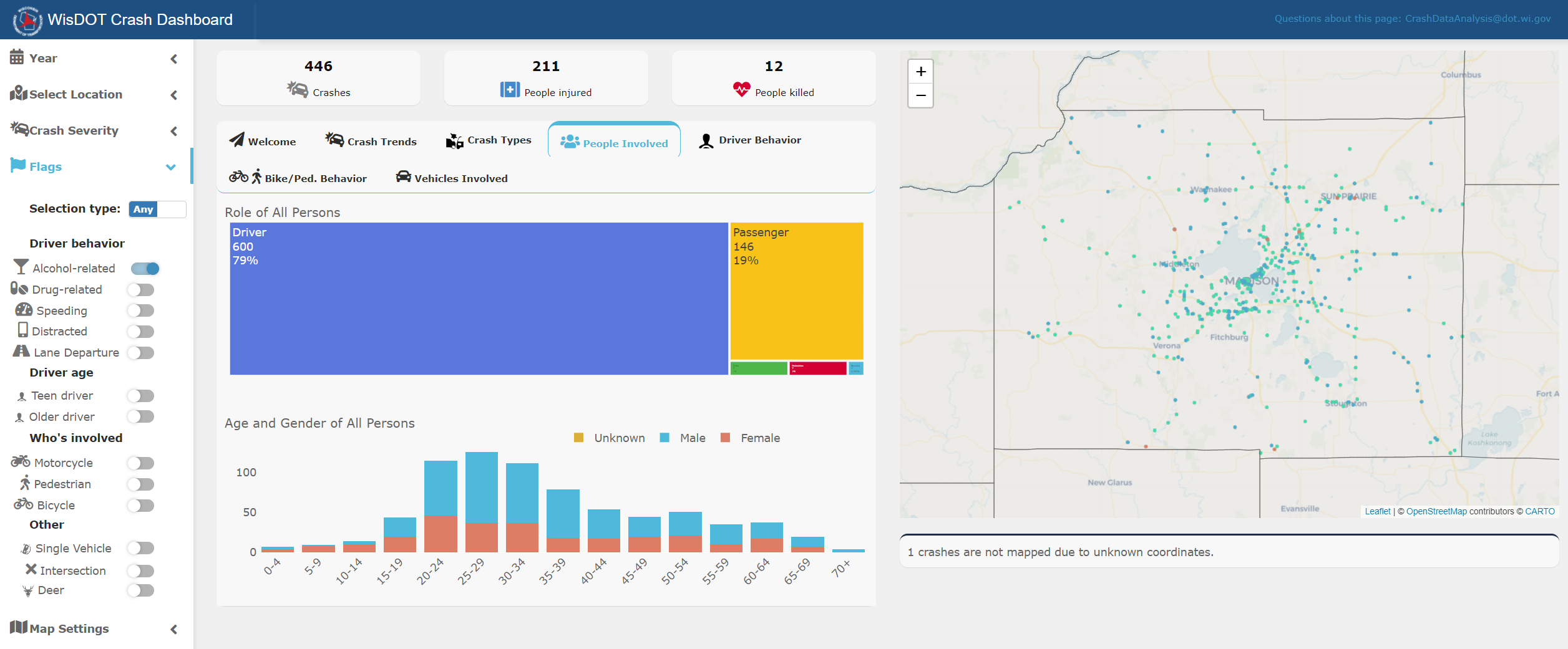 Screenshot of WisDOT Crash Dashboard.